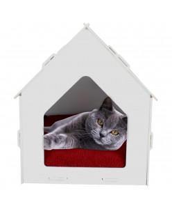 Beyaz Ahşap Kedi Evi Çatılı Model