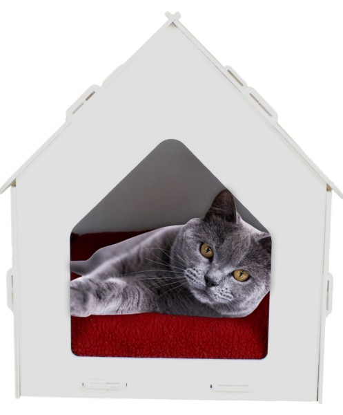 Beyaz Ahşap Kedi Evi Çatılı Model