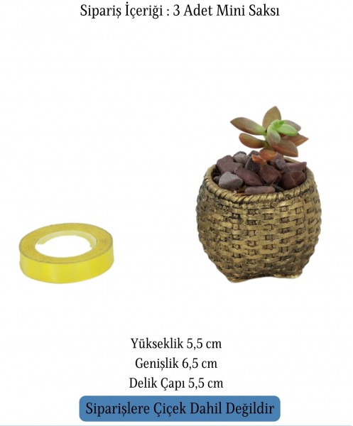 Mini Çiçek Saksı Küçük Sukulent Altın Eskitme Kaktüs Saksısı 3lü Set Sepet Örgü Model