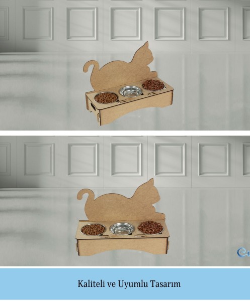 Büyük Ahşap Kedi Mama Kabı Standı Ham Ahşap Paslanmaz Çelik Kaseli Kedi Arkalıklı Model