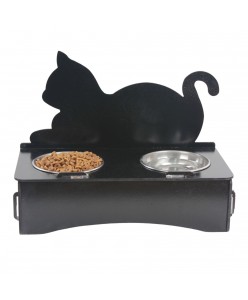 Ahşap Kedi Mama Kabı Standı Premium Siyah Boyalı Paslanmaz Çelik Kaseli Kedi Figür Arkalıklı Model
