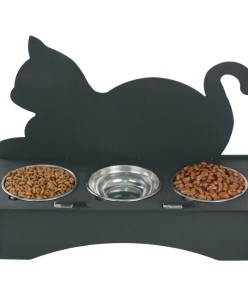 Büyük Ahşap Kedi Mama Kabı Standı Premium Siyah Boyalı Paslanmaz Çelik Kaseli Kedi Arkalıklı Model